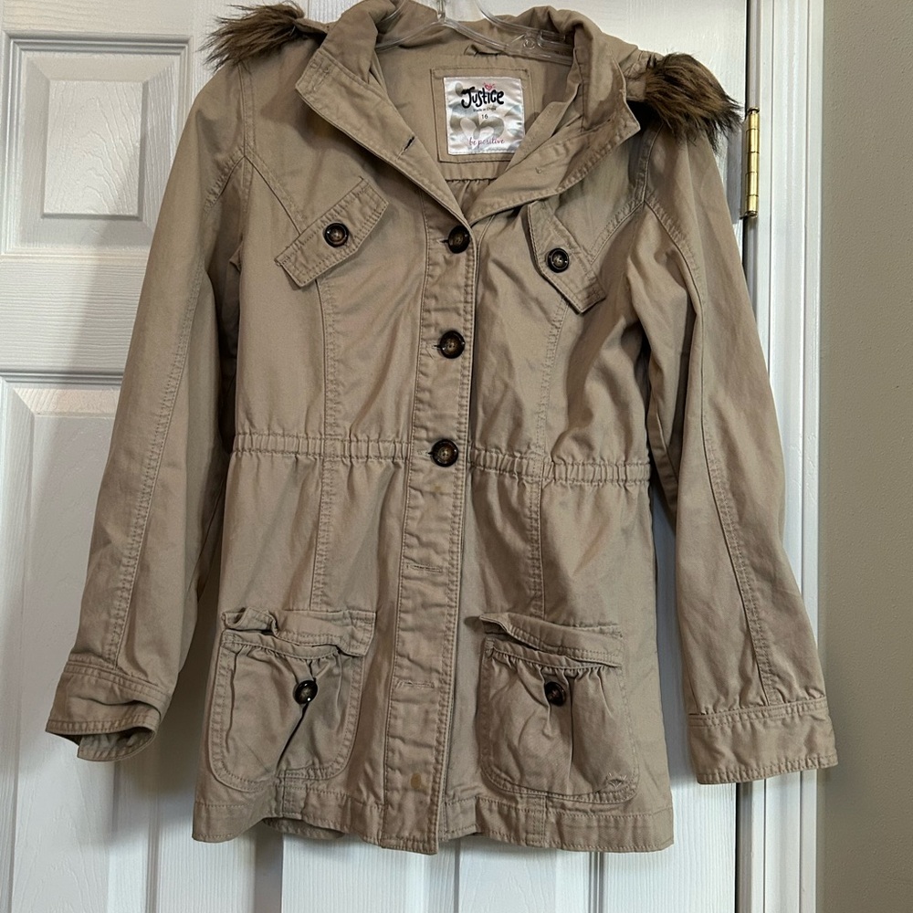 Girls Justice Tan Hooded Jacket with Faux Fur Trim Size 16